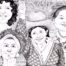 Berta Caceres, Marielle Franco, Rigoberta Menchu and Maxima Acuña are depicted in a black and white drawing with political words as a background