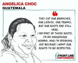 A drawing of and quote from Angelic Choc. The quote says "They cut our branches ,our leaves, our trunks, but our roots are still here. I am part of those roots. I'm an Indigenous woman, and I'm speaking out because I want our rights to be respected."