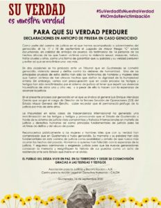 Flyer of a statement. Below there is a picture of an ixil woman giving her testimony surrounded by yellow flowers
