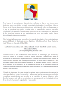 Flyer of the statement. Above the stament a logo of the families of the Military Case, in a yellow background, in the left there is a human figure in gray, being embraced from the right of another human figure with red clothes and black hair