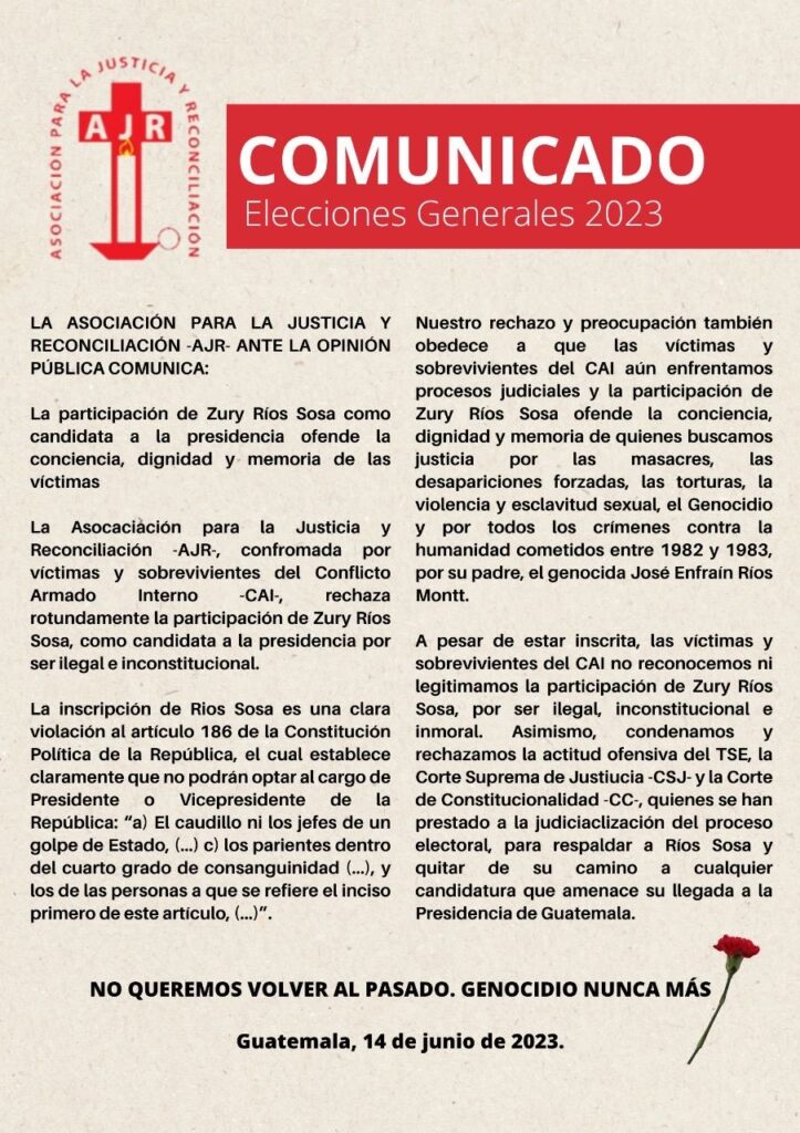 On top on red the AJR logo and the words COmunicado. The statement continues and ends Below with a red carnation