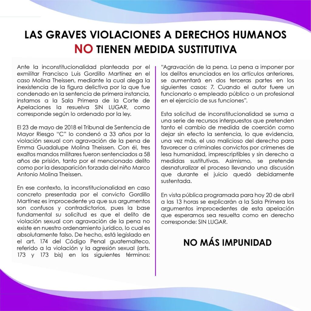 Texto en español del comunicado con borde rojo, azul y violeta