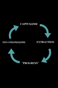 an image that shows a circle of arrows between the words "capitalism" "extraction" "progress" and "neo colonialism." The arrows point in a continuous circle from word to word.