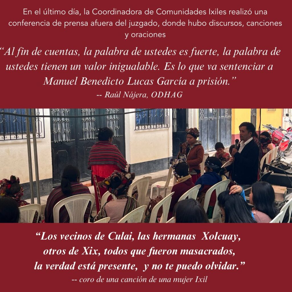 entre el texto, se observa varias personas sentadas, dos mujeres con vestimenta ixil paradas y un hombre sosteniendo su microfono