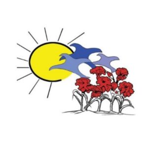 A sun in the left, three blue birds, and seven red flowers growing in the soil