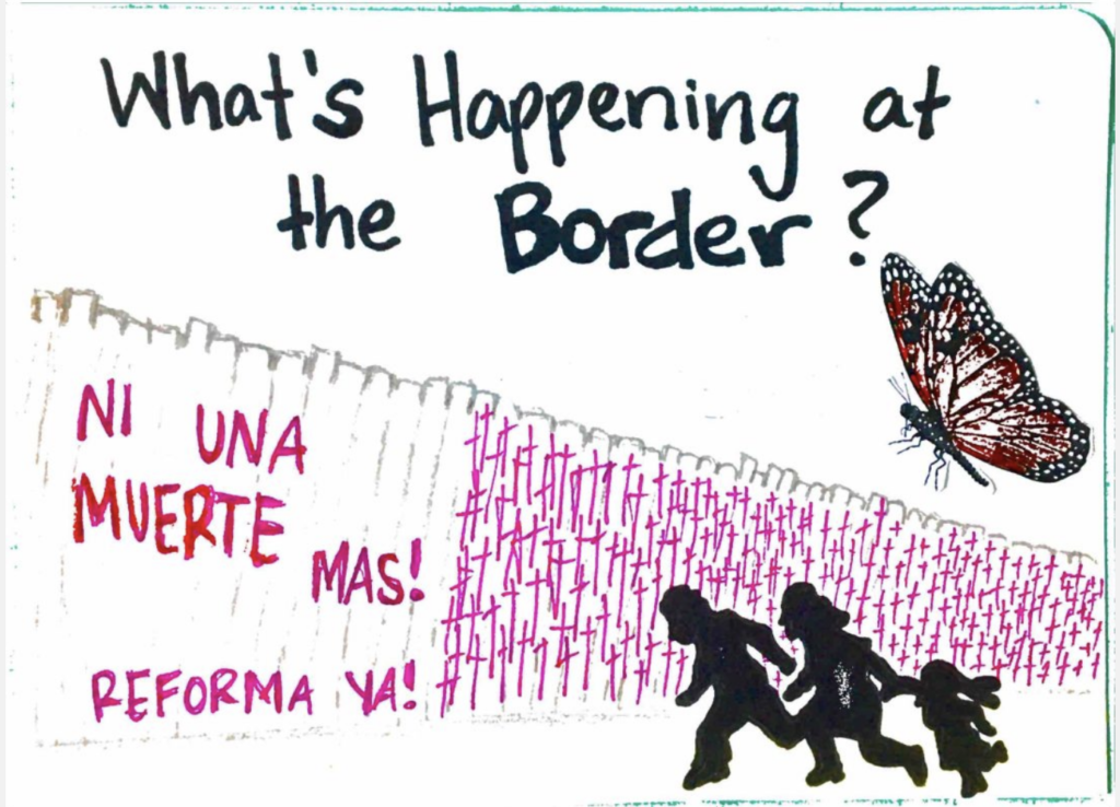 Illustration of the border wall with dark figures running by it. 