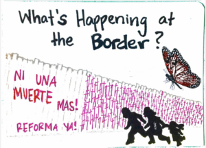 Illustration of the border wall with dark figures running by it.