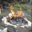 At the center of the picture, in the middle of a forest, a sacred fire is being burned. Around the woodfire, petals of white flowers surround the fire.