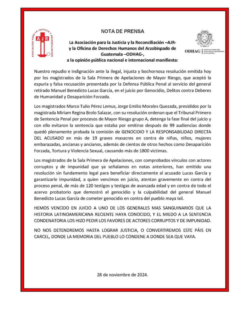 A white page, with a red frame and in the upper left has the ajr logo and in the left the odhag logo. Una hoja en blanco con marco rojo, en la parte superior izquierda tiene el logo de la AJR y en la parte superior derecha el lodo de ODHAG. Abajo el mas reciente comunicado de ambas organizaciones con algunos parrafos en mayusculas