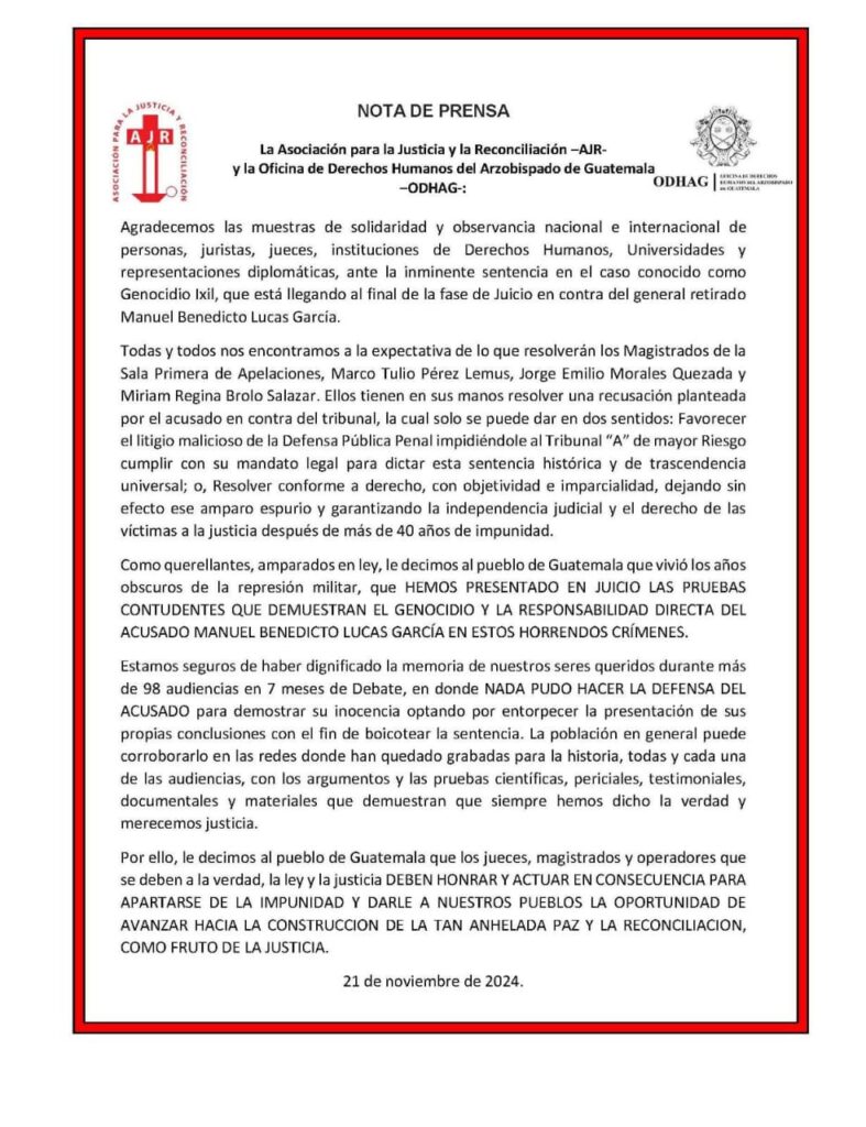 Copia del comunicado de prensa. En sus bordes esta color rojo y en el lado izquierdo superior el logo de la AJR. /// Copy of the press release with a read border and in the left the AJR logo