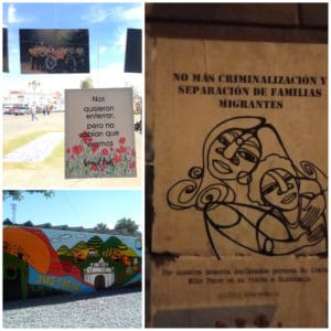 Collage of three pictures, in the first one on the left, a sign that reads they wanted to bury us, but we were seeds with a picture. Second one picture of a mural in Rabinal, the word justice can be read. Third picture shows a "empapelada" showing a woman holding her son and with a sentence that says: No more criminalization or separation of migrant families