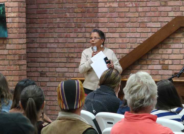 A photograph of an Ojibwe woman speaking into a microphone in front of many sitting people.