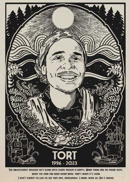 ENG: In black and white lines, the picture of Tortuguita (the indigenous lider in the U.S murder by cops) over his head a sun rise, on his back mountains and above him flowers and leaves with a first aid backpack. ESP: En lineas blanco y negro la imagen de Tortuguita (lider indigena comunitario en Estados Unidos asesinado por policías) sobre el un sol naciente, atrás de él, montañas y bajo él agua fluyendo y plantas con una mochila de primeros auxilios