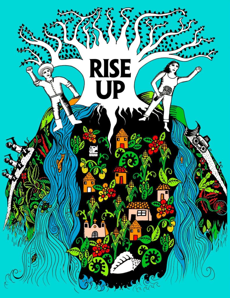 Una imagen con el fondo color celeste, con ríos y cosecha de maíz fluyendo sobre ellos un árbol en color blanco y negro que dice: Comunidades en Resistencia y dos personas con el puño levantado