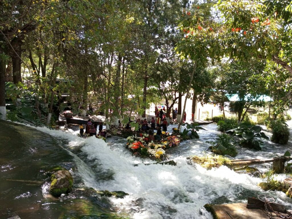 The photograph shows the beginning of the San Juan River. The river is flowing from left to right in the image’s foreground and is shaded by small trees. In the middle of the river there are many bundles of flowers used as offerings in Mayan ceremonies. In the background there is a group of Indigenous people praying. 