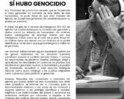 Alt text: On the left hand side of the post, there is black text on a white background that reads, "There was Genocide in Guatemala" in Spanish. It is followed by the statement translated above. On the right hand side of the post is a black and white image of a person with short grey hair and glasses covering some of their face with their hand. The person wears a button down and headphones, and is sitting in court. Texto alternativo: En la parte izquierda del post, hay un texto negro sobre fondo blanco que dice: "En Guatemala, Sí Hubo Genocidio". A continuación está el comunicado escrito abajo de este imagen. En la parte derecha del post hay una imagen en blanco y negro de una persona con el pelo corto y canoso y gafas que se cubre parte de la cara con la mano. La persona lleva una camisa abotonada y auriculares, y está sentada ante un tribunal.