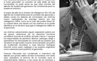 Alt text: On the left hand side of the post, there is black text on a white background that reads, "There was Genocide in Guatemala" in Spanish. It is followed by the statement translated above. On the right hand side of the post is a black and white image of a person with short grey hair and glasses covering some of their face with their hand. The person wears a button down and headphones, and is sitting in court. Texto alternativo: En la parte izquierda del post, hay un texto negro sobre fondo blanco que dice: "En Guatemala, Sí Hubo Genocidio". A continuación está el comunicado escrito abajo de este imagen. En la parte derecha del post hay una imagen en blanco y negro de una persona con el pelo corto y canoso y gafas que se cubre parte de la cara con la mano. La persona lleva una camisa abotonada y auriculares, y está sentada ante un tribunal.