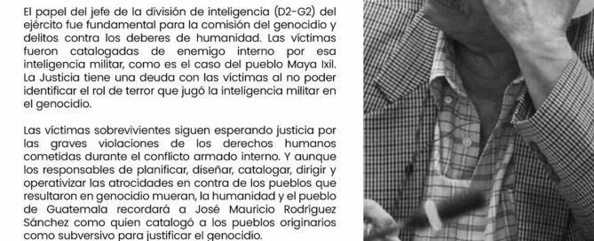 Alt text: On the left hand side of the post, there is black text on a white background that reads, "There was Genocide in Guatemala" in Spanish. It is followed by the statement translated above. On the right hand side of the post is a black and white image of a person with short grey hair and glasses covering some of their face with their hand. The person wears a button down and headphones, and is sitting in court. Texto alternativo: En la parte izquierda del post, hay un texto negro sobre fondo blanco que dice: "En Guatemala, Sí Hubo Genocidio". A continuación está el comunicado escrito abajo de este imagen. En la parte derecha del post hay una imagen en blanco y negro de una persona con el pelo corto y canoso y gafas que se cubre parte de la cara con la mano. La persona lleva una camisa abotonada y auriculares, y está sentada ante un tribunal.