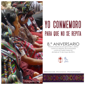 Flyer for the genocide sentence, contains in the left a picture of two ixil women wearing headphones as they listen the ixil -spanish translation in a court room