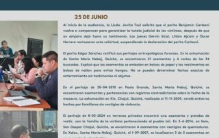Infographic from Verdad y Justicia about the hearing on June 25th, 2024 in the Ixil Genocide case.